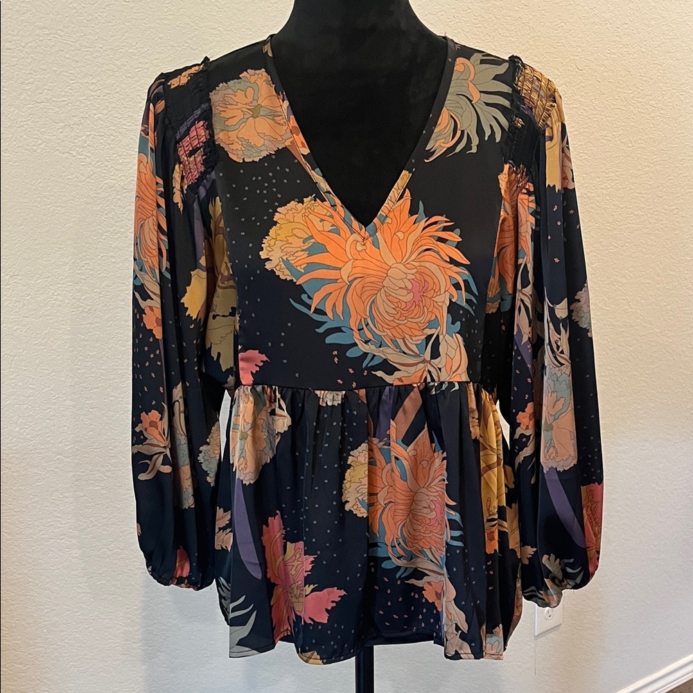 Entro Floral V-Neck Blouse - Black, Gold, Orange, Sage Green